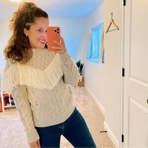 AMUR Gray Cream Cable Knit Soft Wool Fringe Sweater Small